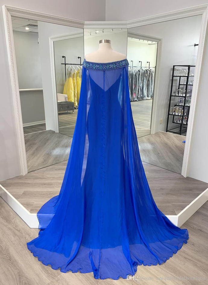 Royal Blue Velvet Elegant Red Carpet Couture Gowns with Chiffon Cape Bead-work Shoulder Off the Shoulder prom dress formal gowns cg20152