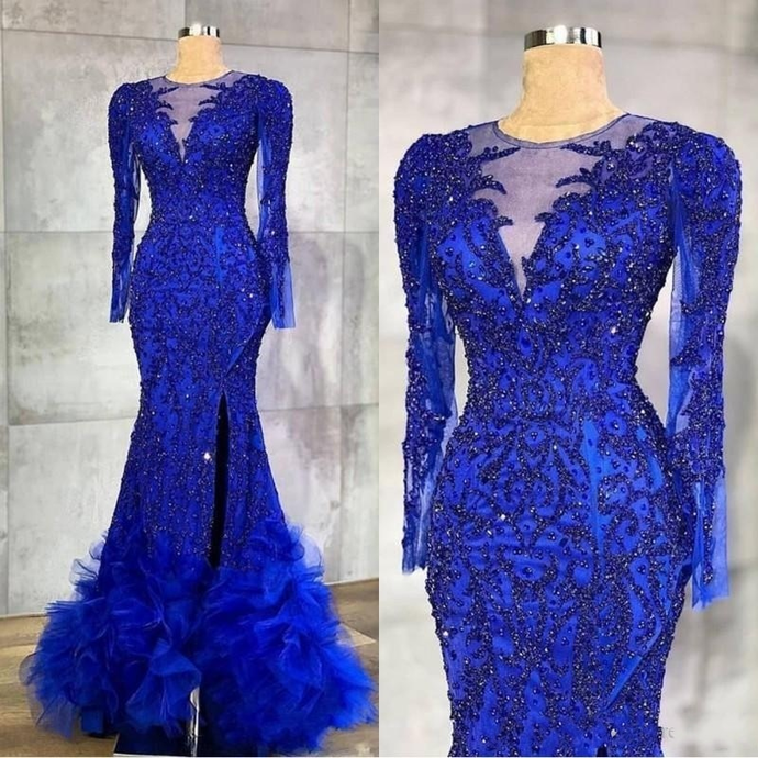 Luxury Royal Blue Evening Dresses Beaded Crystals Sheer Neck Mermaid Arabic Aso Ebi Party Gowns prom dresses cg20156