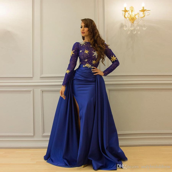 Luxury Royal Blue Beaded Stars Bling Bling Satin Floor Length Evening Dress Prom Dress cg20164