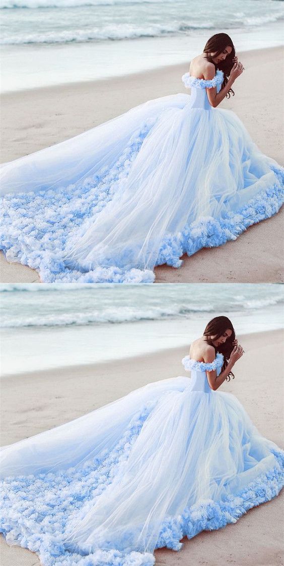 Blue Sweetheart Tulle Long Evening Dresses, Blue Off Shoulder Prom Dresses cg20180