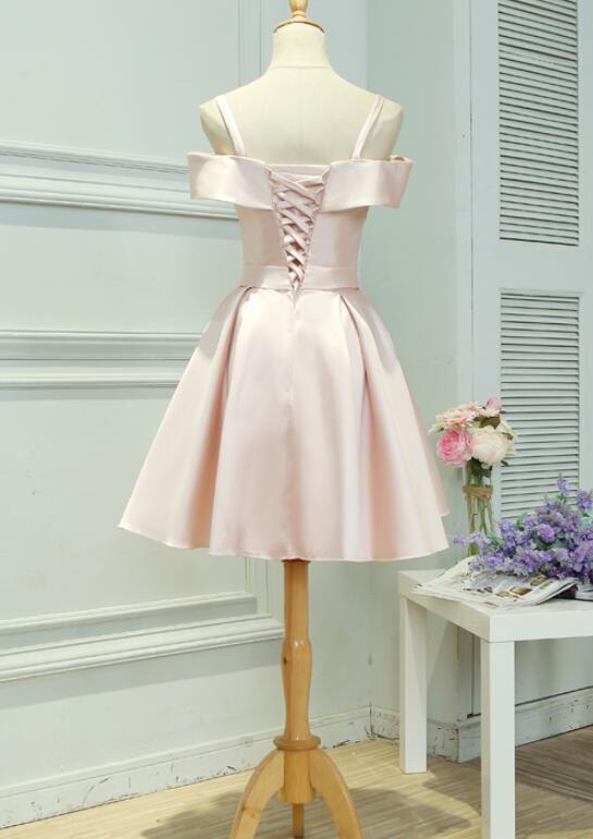 Light Pink Satin Knee Length Off Shoulder Party Dress, Short Pink Homecoming Dress cg20184