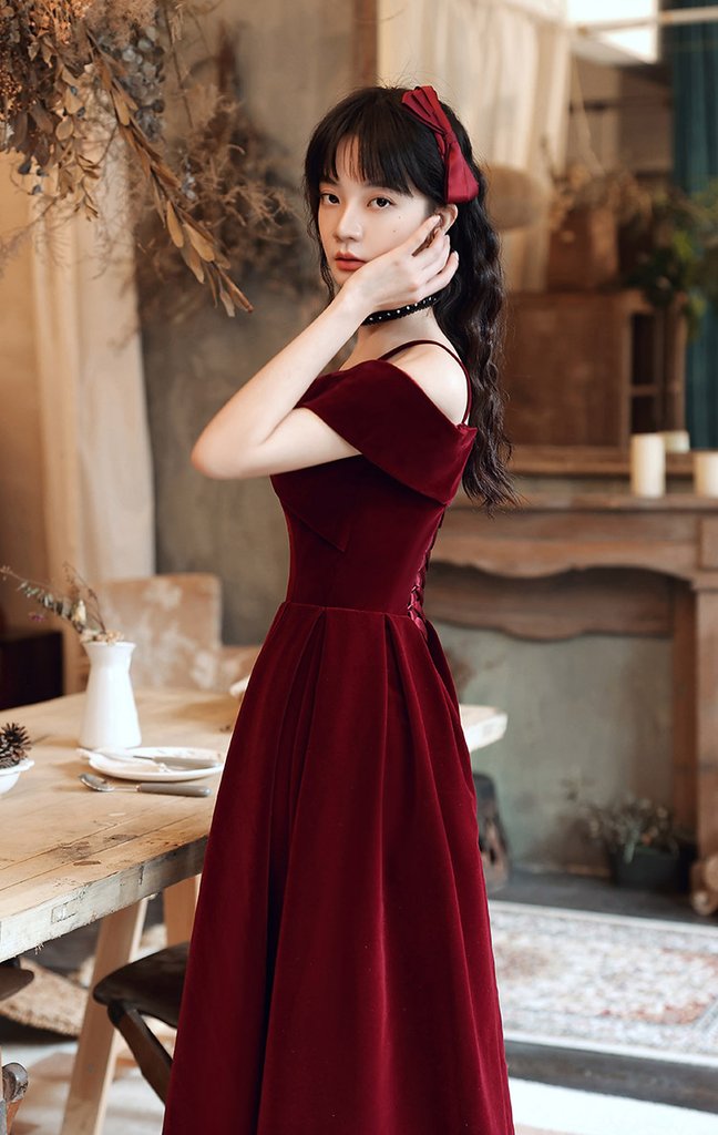 Wine Red Velvet Off Shoulder Long Evening Dress, Dark Red Party Dress Formal Dress Prom Dress cg20185
