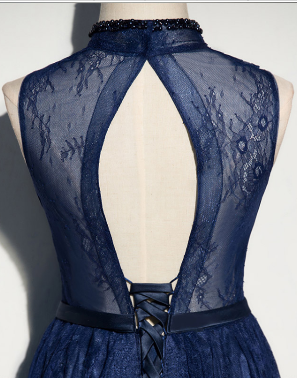 Navy Blue Lace V-Neckline Open Back Evening Gown, Blue Floor Length Party Dress Prom Dress cg20186