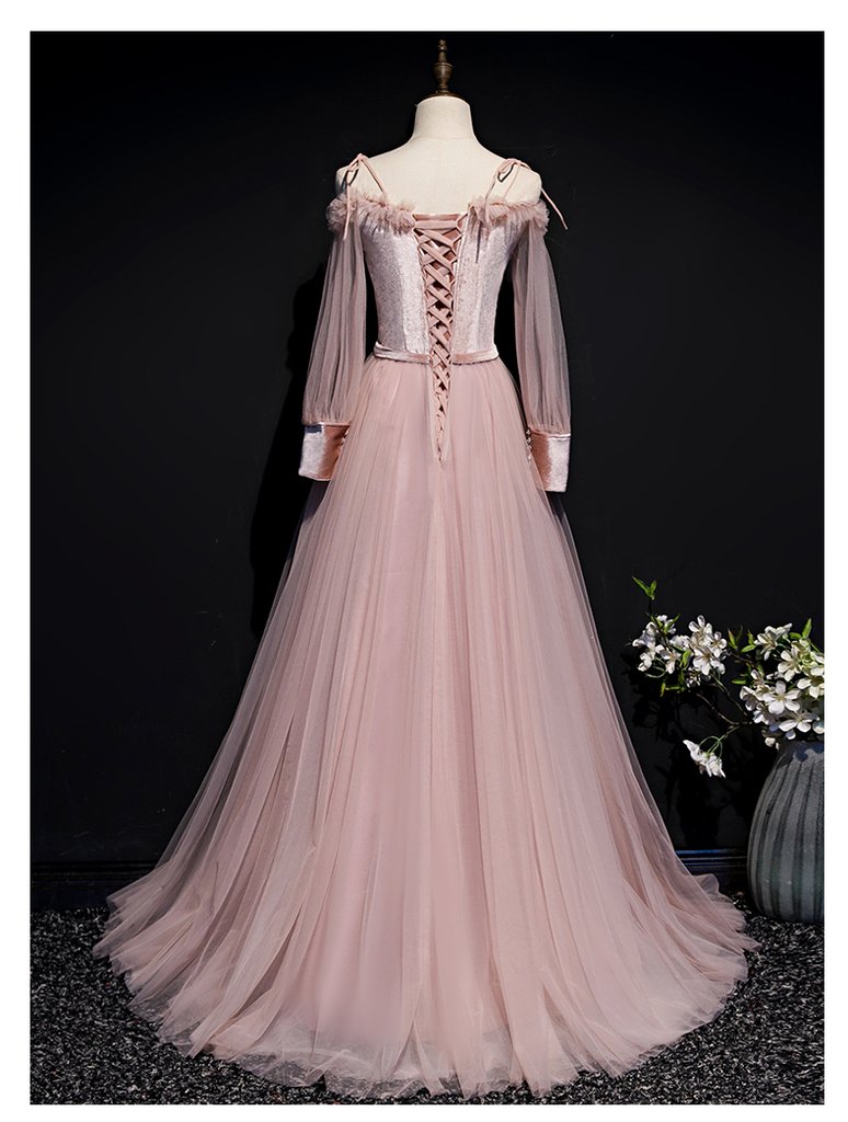 Pink Tulle And Velvet Long Sleeves Flowers Evening Dress, New Style A-Line Party Dress Prom Dress cg20187