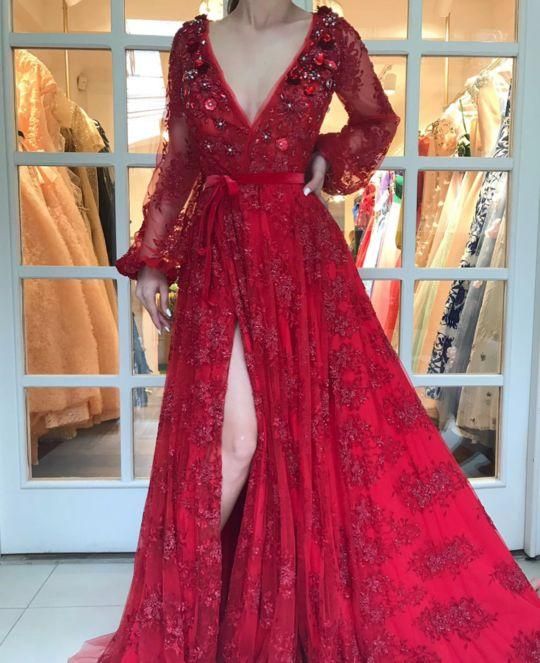 red prom dresses long sleeve lace appliqué 3d flowers beaded elegant prom gown cg20201