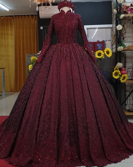 burgundy Long Sleeve Prom Dress Vintage African Prom Dress cg20204
