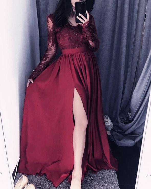 Elegant Lace Long Sleeves V Neck Split Satin Dress prom dresses cg20218