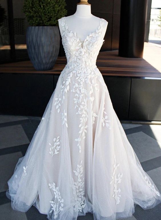 New Brand A line Creamy Tulle Lace Long Prom Dress Evening Dress cg20221