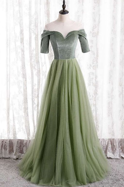 short sleeves sage green tulle long formal dress party dress prom dress cg20231