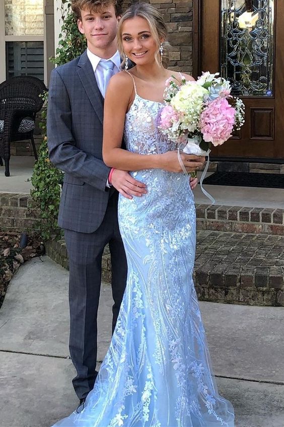 gorgeous mermaid light blue long prom dress formal dress with spaghetti straps cg20233