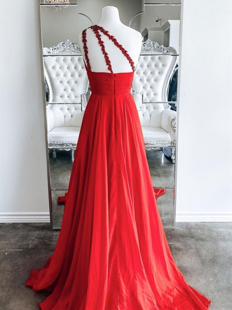 One Shoulder Backless Red Chiffon Long Prom Dresses cg20242