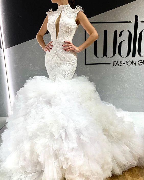 white evening dresses long high neck tiered beaded mermaid modest elegant evening gown Prom Dresses cg20243