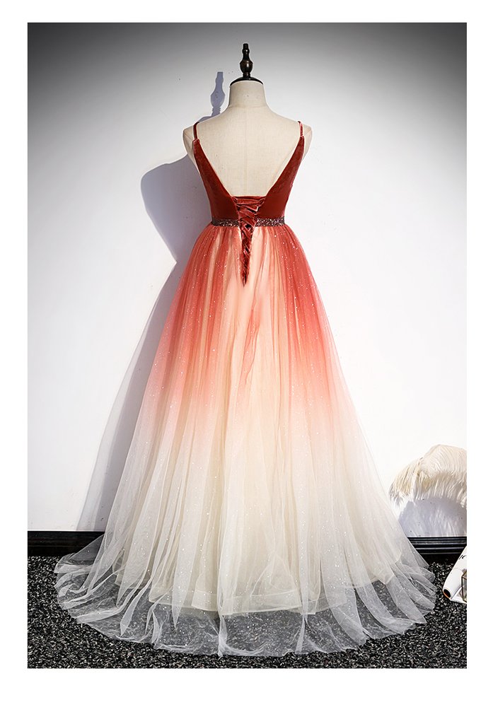 long prom dress Beautiful Red Velvet And Gradient Tulle Beaded Party Dress, Straps Long Formal Gown cg20252