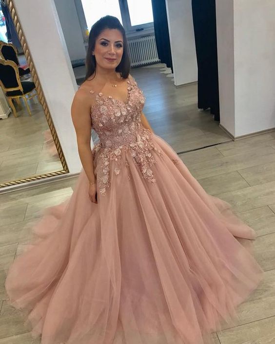 Spaghetti Straps V-neck Tulle Ball Gowns Prom Dresses Lace Flowers Appliques cg20257