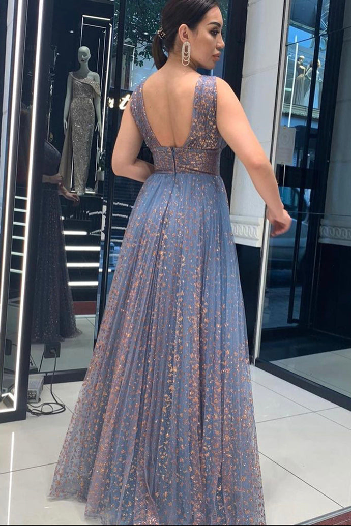 Blue v neck tulle sequins long prom dress evening dress, cg20264