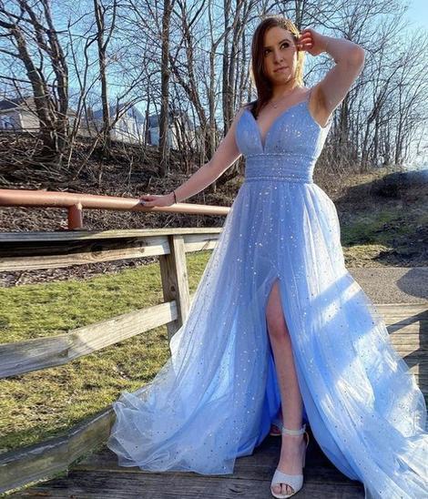 Blue tulle sequins long prom dress cg20275