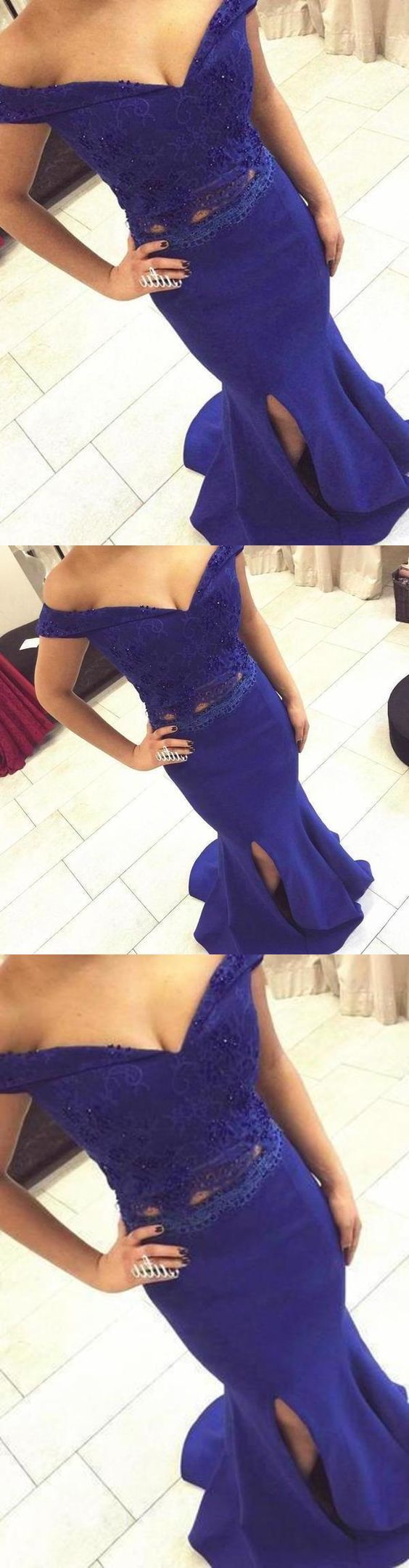 Two Piece Off The Shoulder Sweetheart Mermaid Side Split Long Royal Blue Prom Dresses cg20322