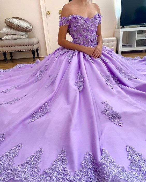 Off Shoulder Lace Appliques Lavender Quince Dress Ball Gown prom dress 2021 cg20328