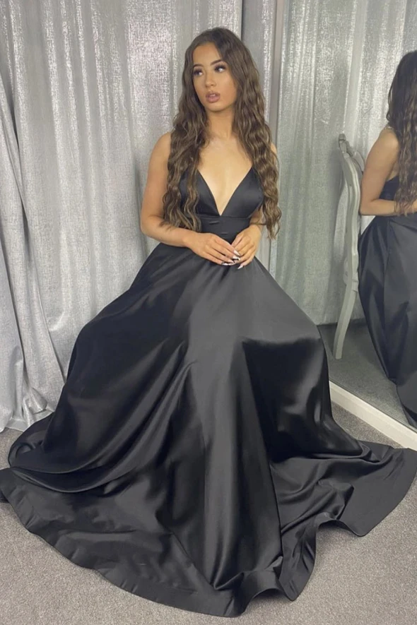 Black v neck satin long A line prom dress black evening dress cg20331