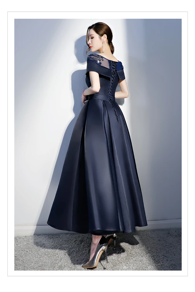 Navy Blue Satin Beaded New Style Long Party Dress, Blue Cap Sleeves Prom Dress cg20333