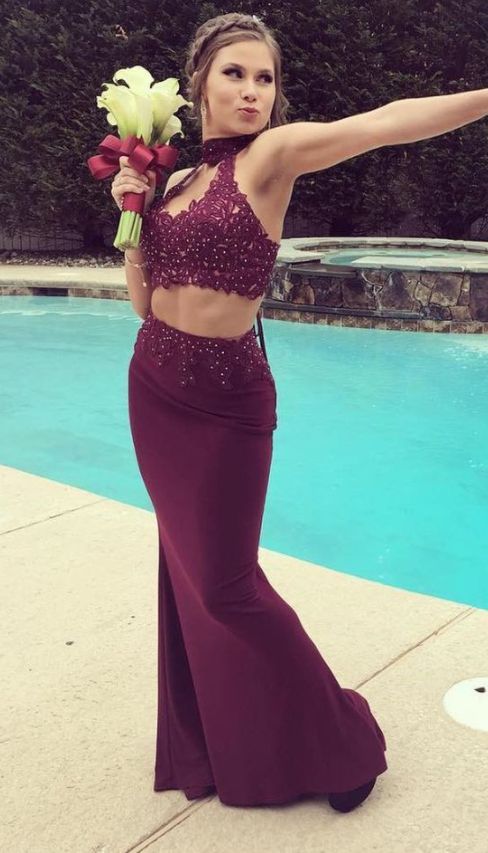 two piece burgundy Long Prom Dresses cg20360