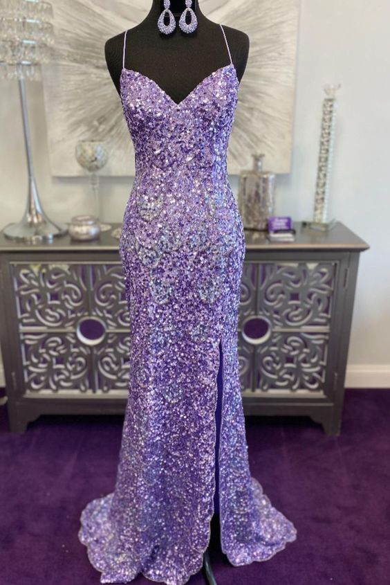 2021 straps mermaid lavender sequined long prom dress with side slit cg20369