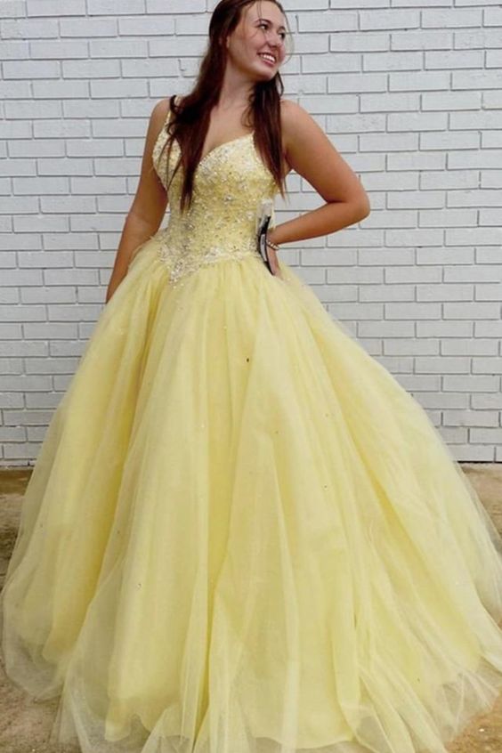 Gorgeous V Neck Beaded Yellow Long Prom Dresses, V Neck Yellow Formal Dresses cg20374