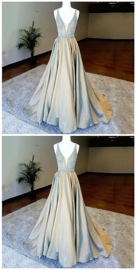 A-Line Deep V-Neck Floor-Length Light Champagne Prom Dress cg2039