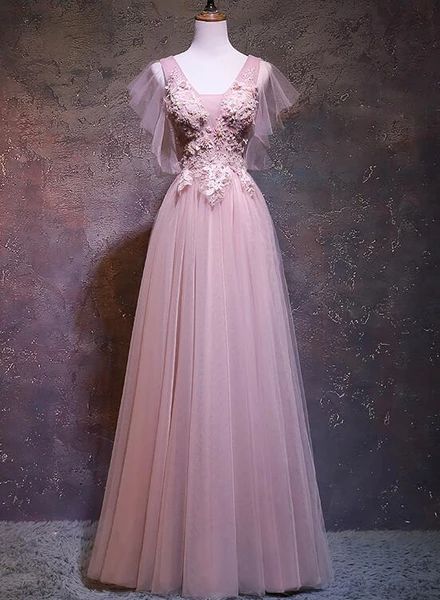 Pink Tulle V-Neckline Long Prom Dress, New Pink Wedding Party Dress cg20405