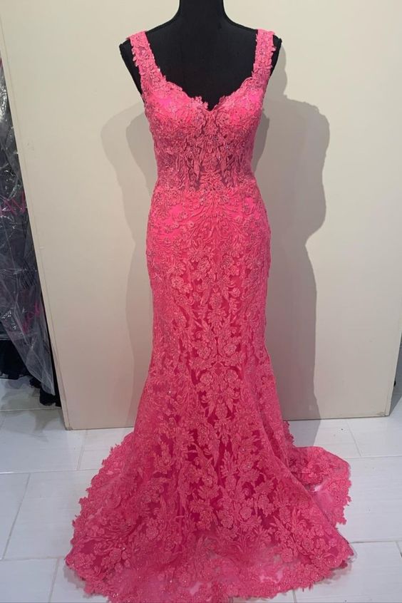 mermaid hot pink lace long prom dress cg20416