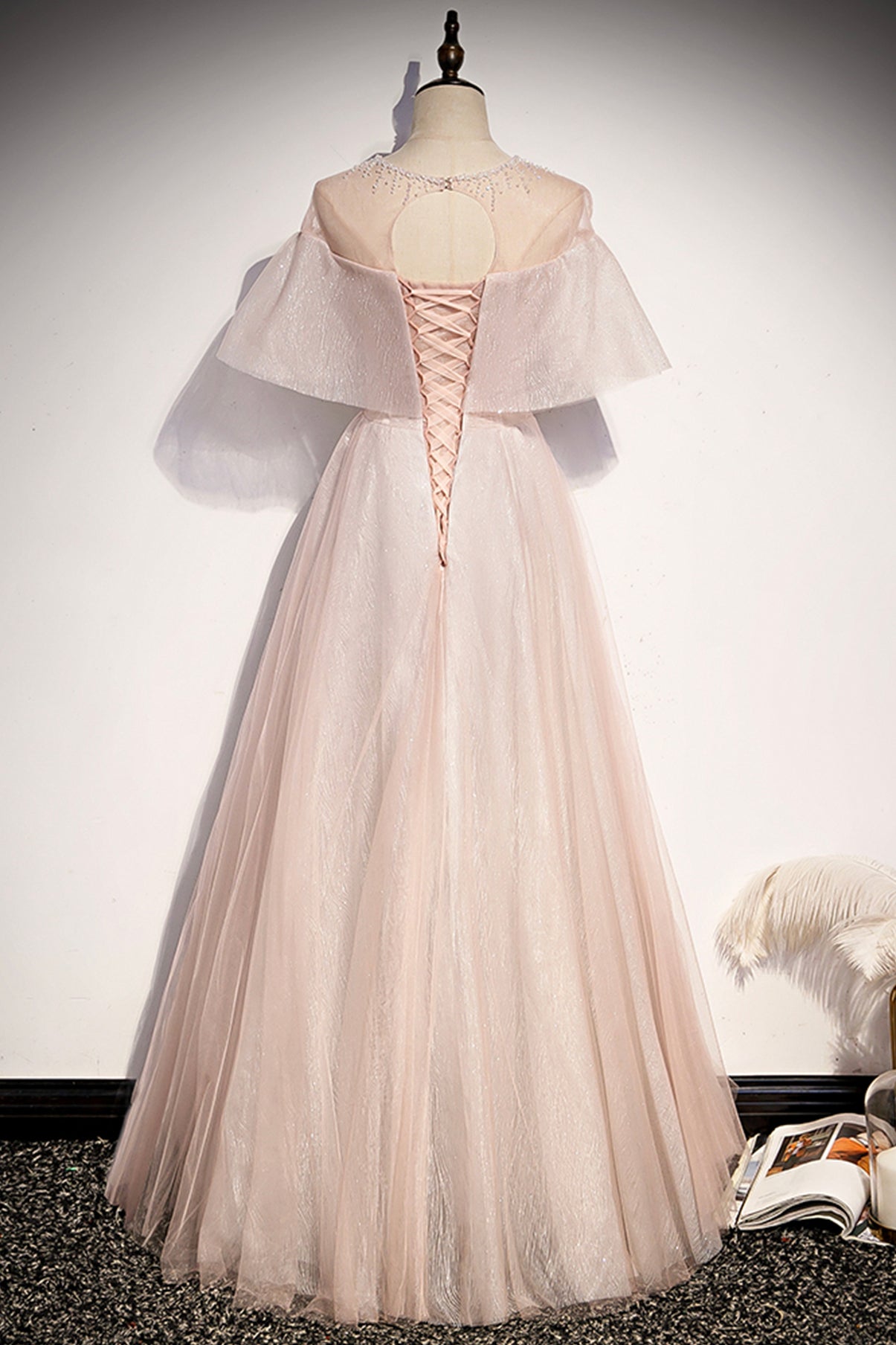 PINK TULLE LONG A LINE PROM DRESS PINK EVENING DRESS cg20428