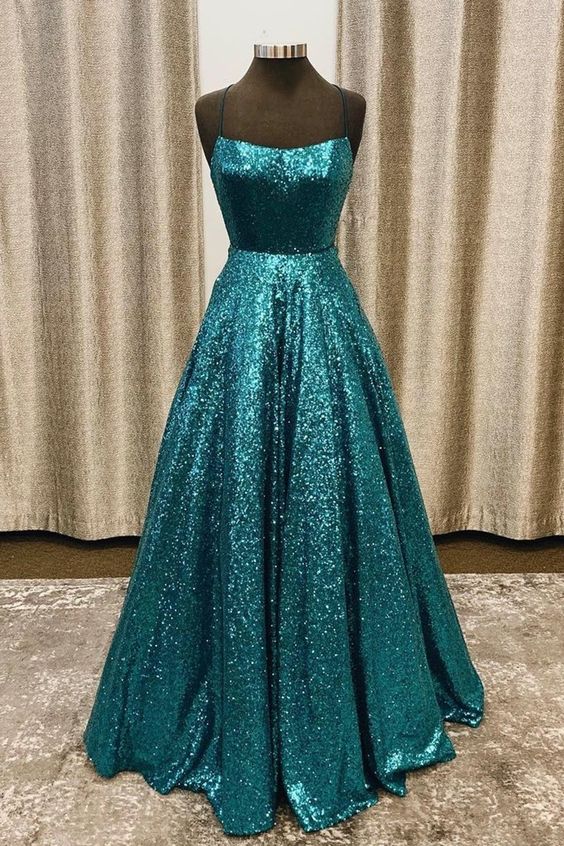 A-line turquoise sequined long prom dress with lace up back cg20431