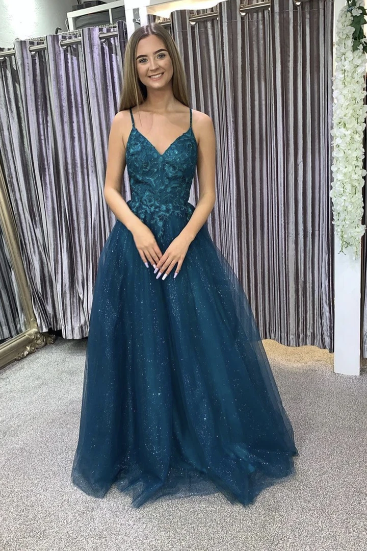 Elegant v neck lace long A line prom dress evening dress cg20447