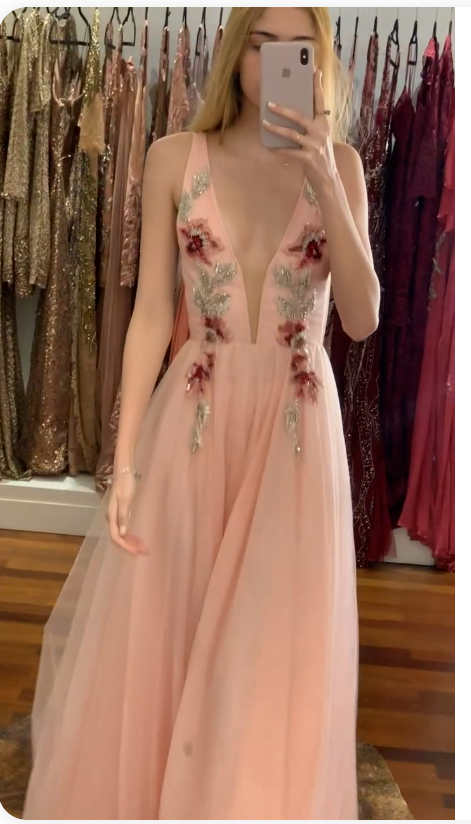 Deep V Neck Pink Long Prom Dress With Appliques cg20457