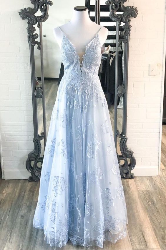 A-line light blue lace long prom dress 2021 cg20496