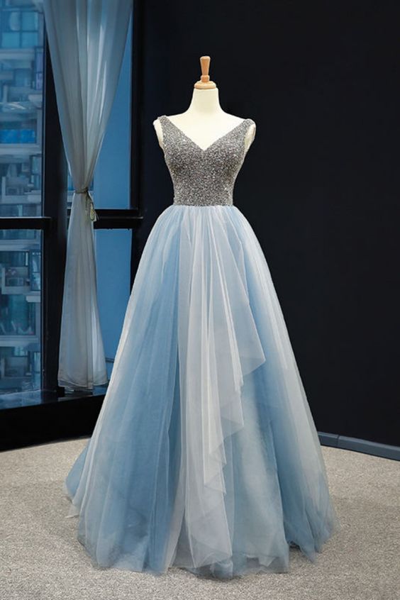 2021 a-line beaded blue long prom dress formal dress cg20506