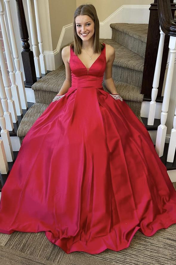 Red v neck satin long A line prom dress red evening dress cg20508
