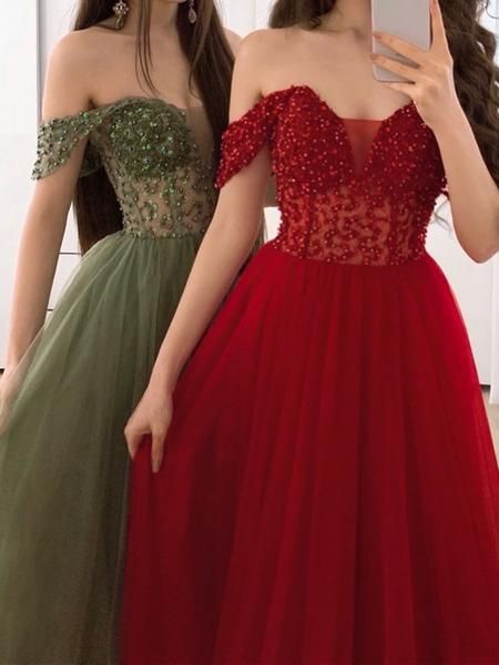Off the Shoulder Burgundy Green Long Prom Dresses cg20515