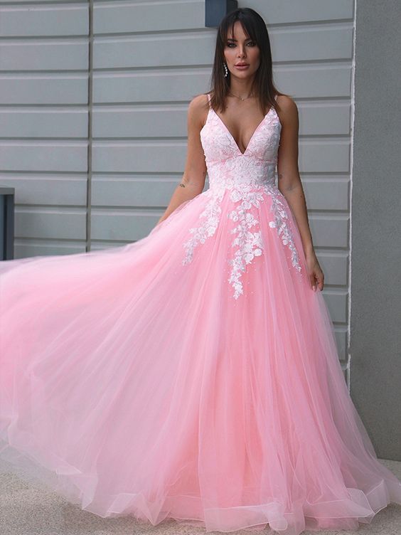 2021 A-Line Tulle V-neck Long Pink Prom Dresses cg20517