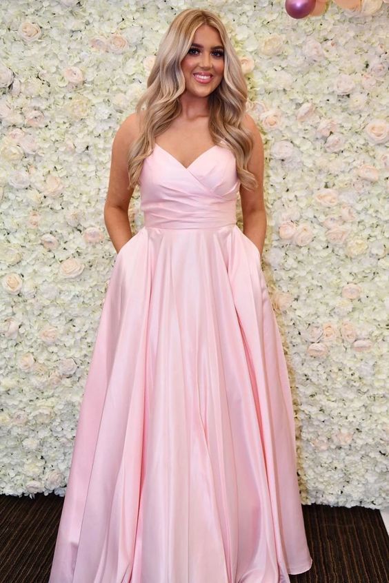 Simple V Neck Straps Pink Long Prom Dress with Pockets cg20518