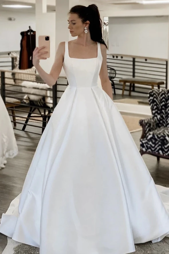 White satin long A line prom dress white evening dress cg20520