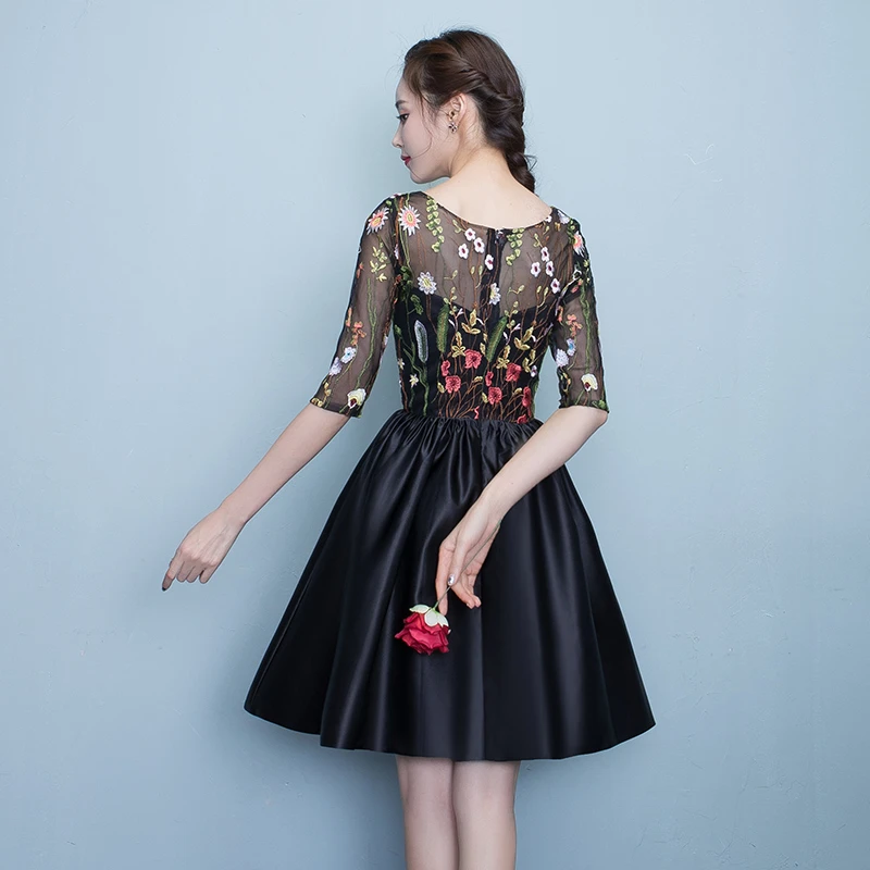 Black Floral Lace Short Sleeves Homeocming Dress, Back Party Dress Wedding Party Dress cg20523