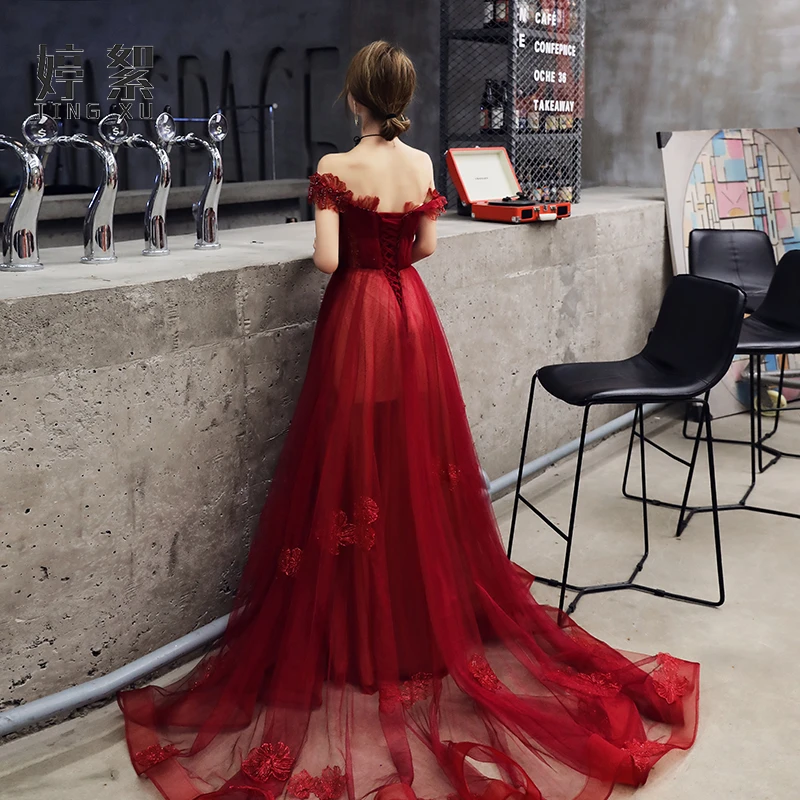 Wine Red Tulle With Beadings And Lace Off Shoulder Evening Gown, Wine Red Prom Dress cg20524