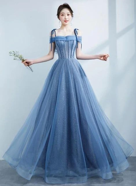 Blue Shiny Tulle Off Shoulder Beaded Straps A-line Party Dress, Blue Long Prom Dress cg20535