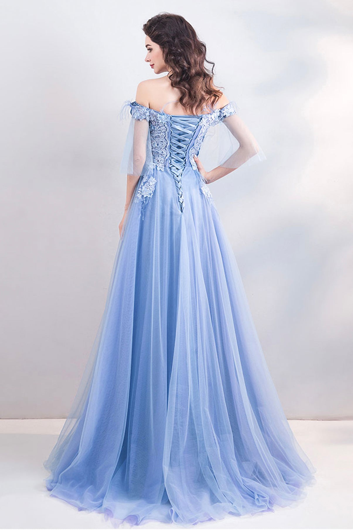 BLUE LACE LONG A LINE PROM DRESS BLUE EVENING DRESS cg20545