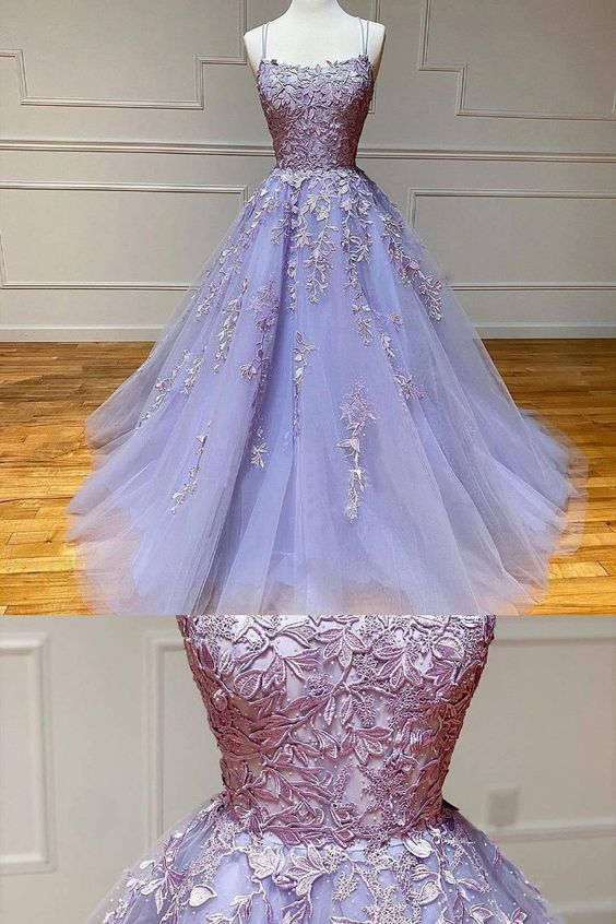 2021 Lavender Lace Tulle Prom Dress with Appliques cg20557
