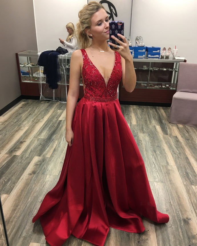 Beaded Red Satin Long Prom Dress cg20579