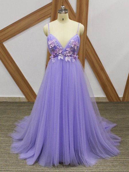 Spaghetti Straps Purple V Neck Tulle Prom Dress cg20584