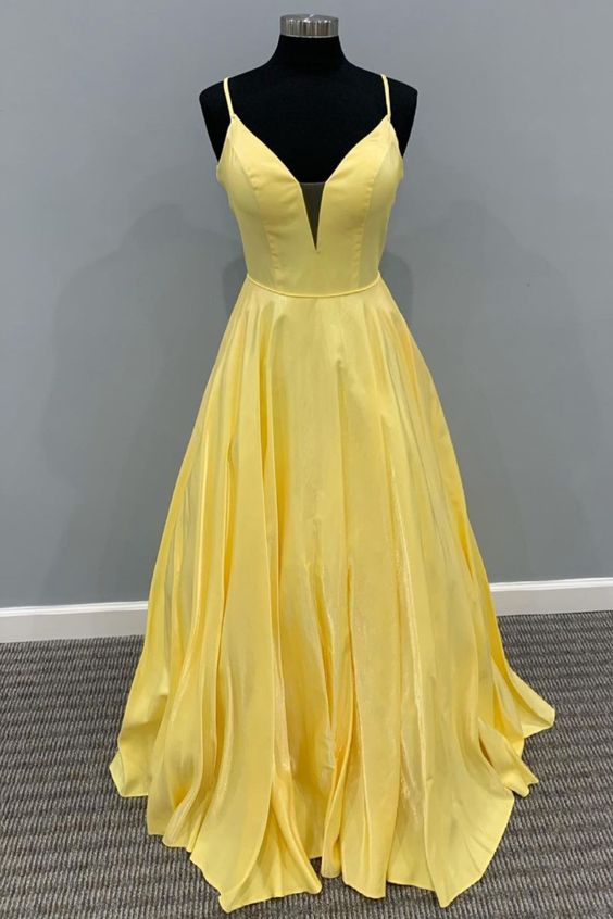 A-line yellow long prom dress party dress with spaghetti straps cg20610