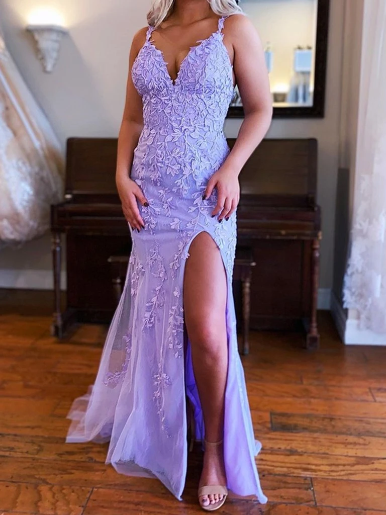 Mermaid V Neck Purple Lace Long Prom Dresses cg20618